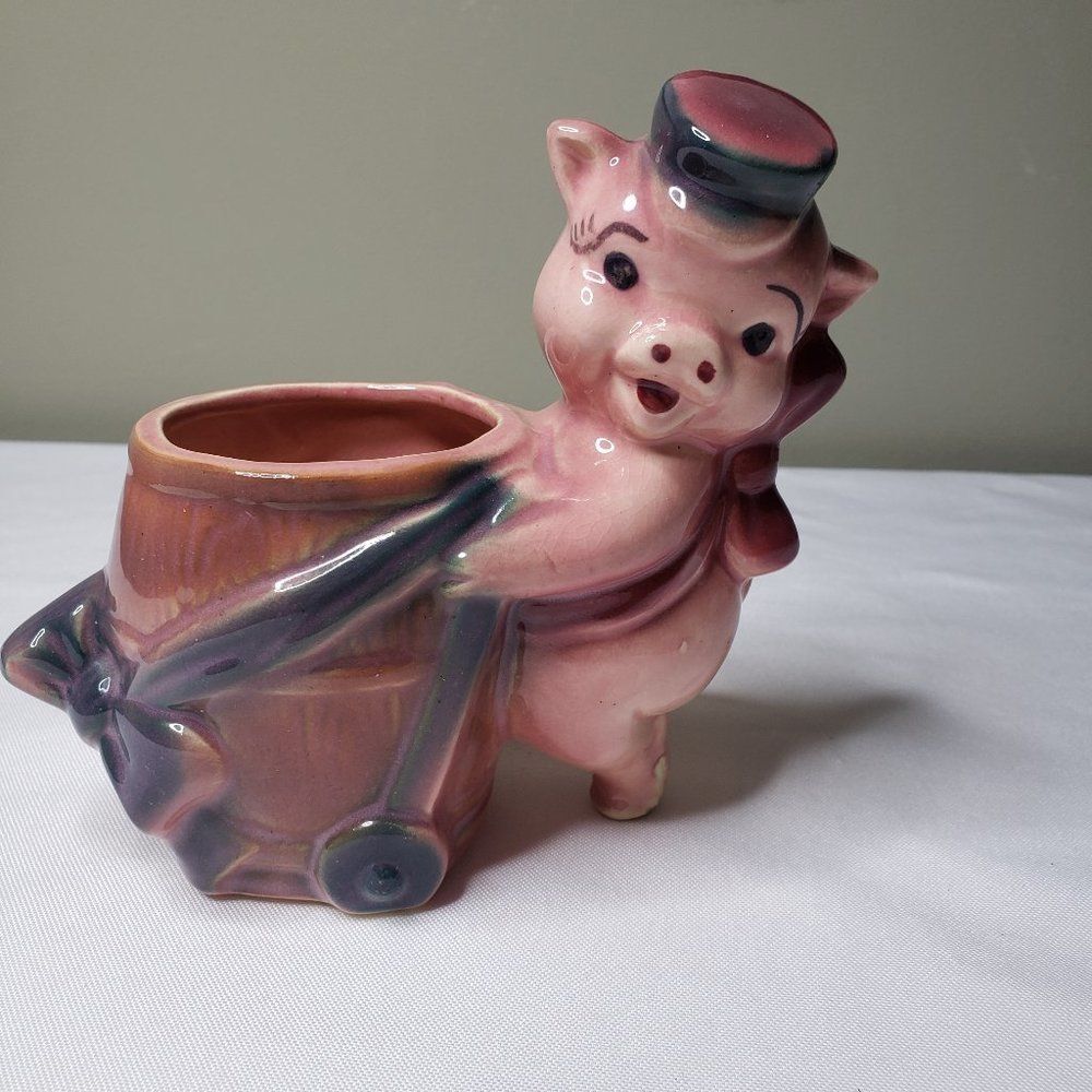 Vintage Kitschy Glazed Ceramic Pink Pig with Barrell Planter Anthropomorphic
